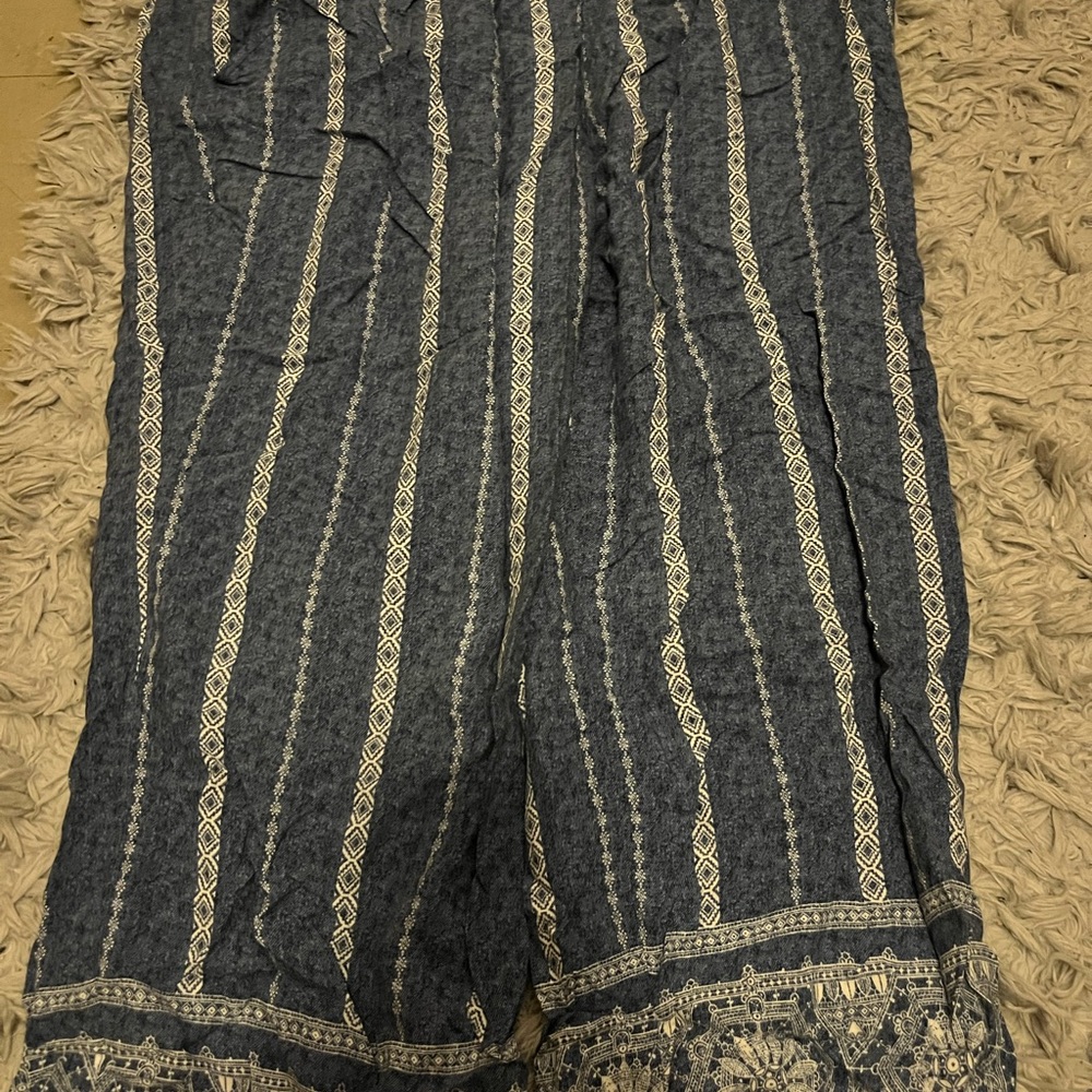 Blue and White Patterned Wide-Leg Pants